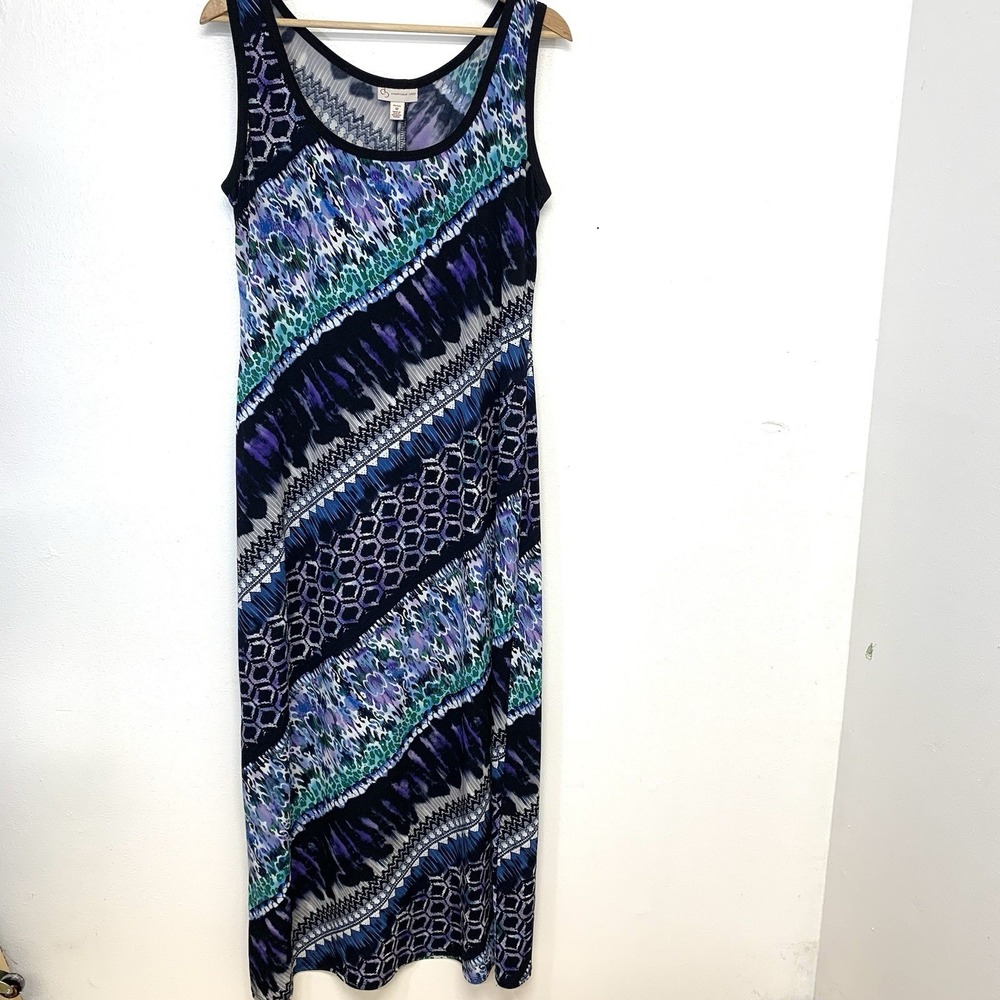 CB Established Asymmetric Purple Blue Long Dress Sz 12P Sleeveless Stretch Knit